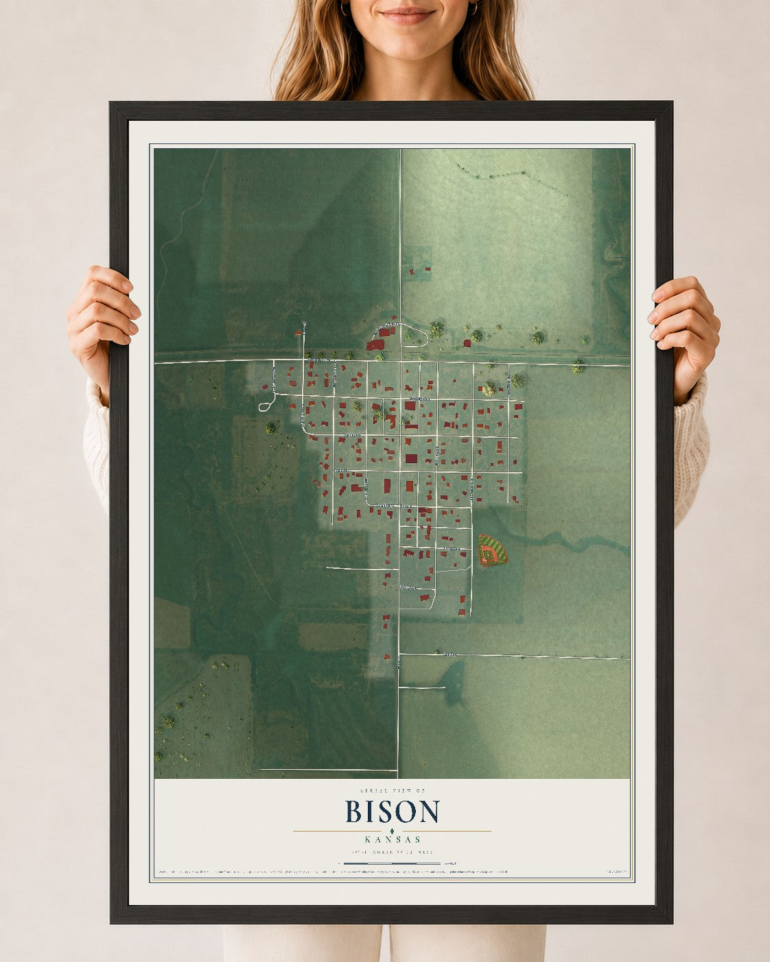 Map of Bison, Kansas, 24 x 36 inch print in a black wood frame