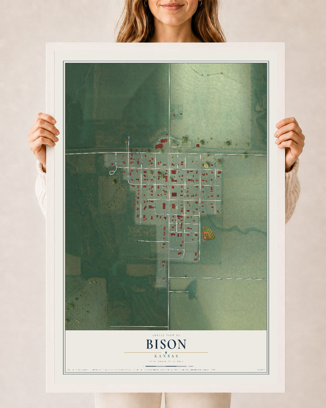 Map of Bison, Kansas, 24 x 36 inch print in a white wood frame