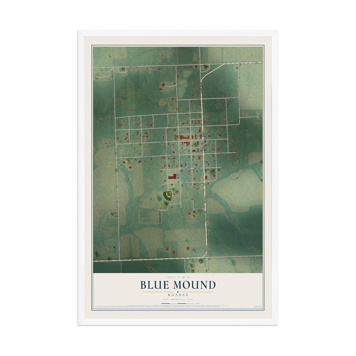 Map of Blue Mound, Kansas, 12 x 18 inch print in a white wood frame
