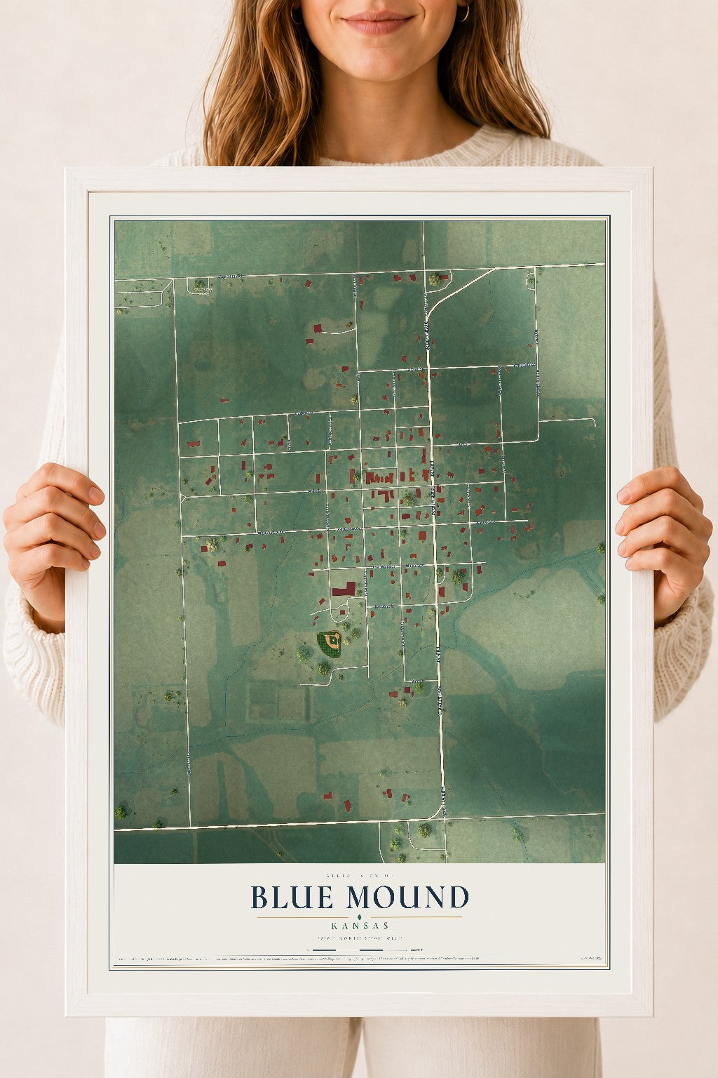 Map of Blue Mound, Kansas, 18 x 24 inch print in a white wood frame