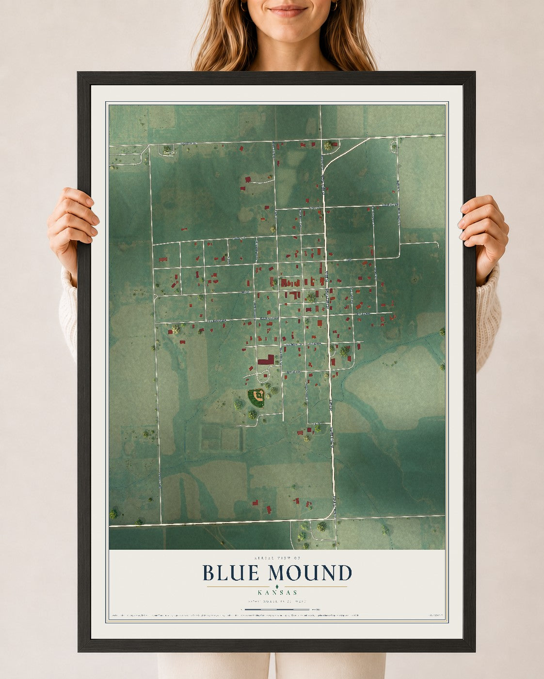 Map of Blue Mound, Kansas, 24 x 36 inch print in a black wood frame