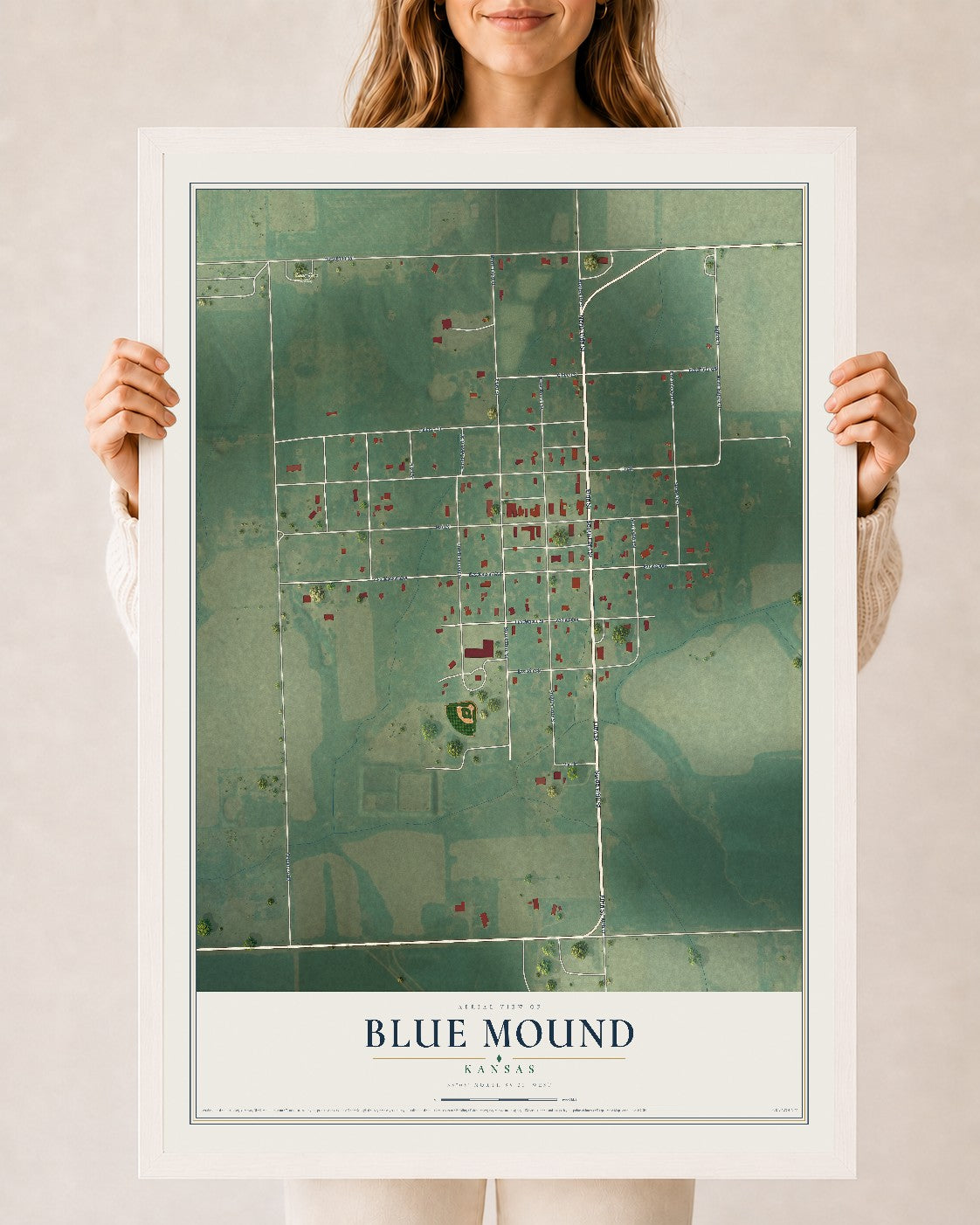 Map of Blue Mound, Kansas, 24 x 36 inch print in a white wood frame