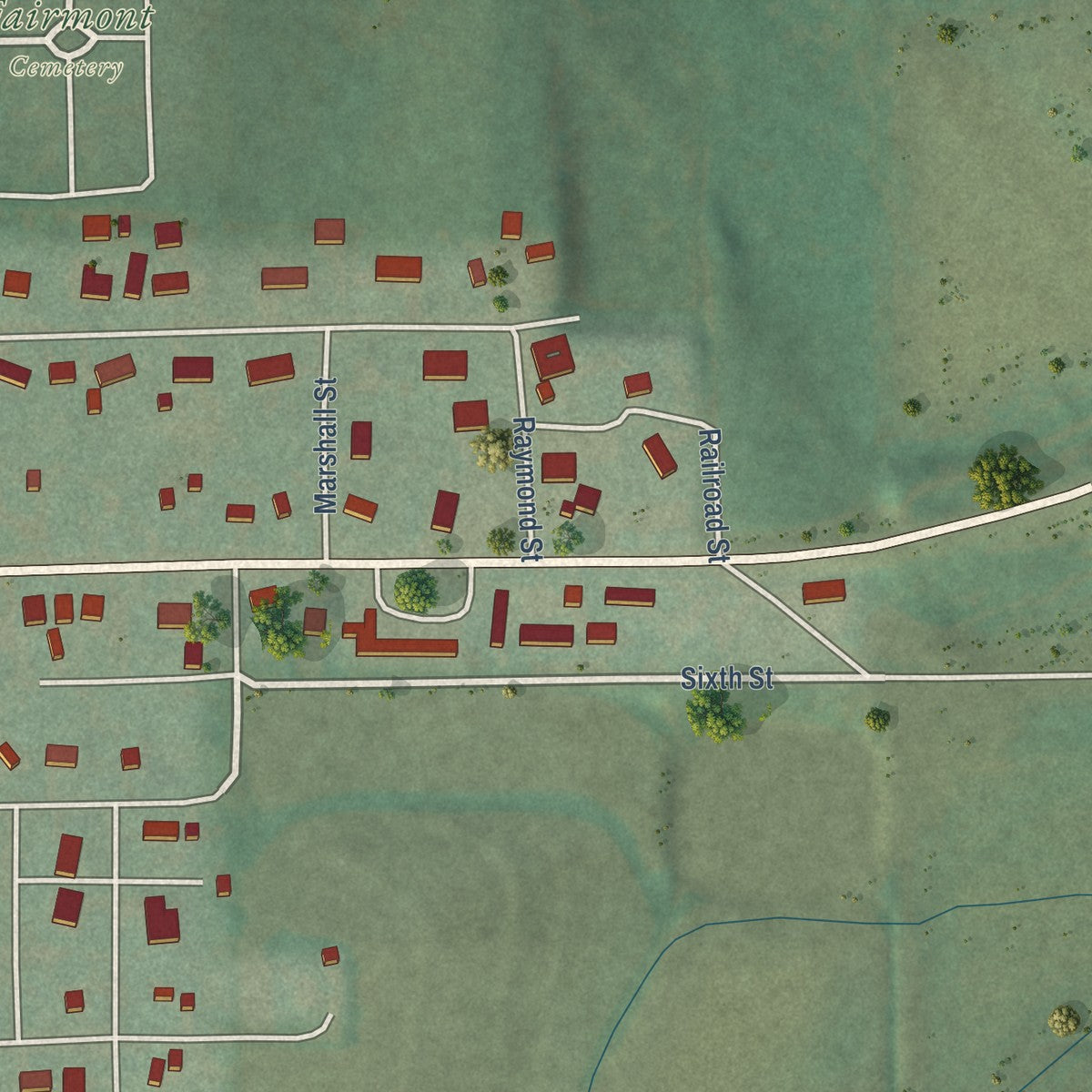 Second close-up of the map of Blue Rapids, Kansas print showing more streets and buildings