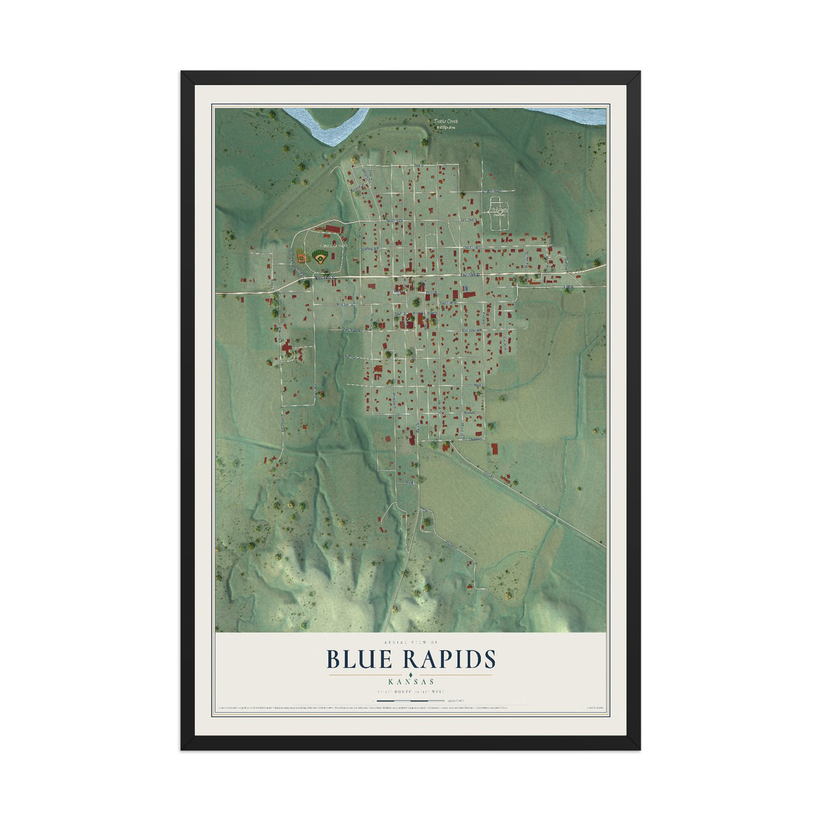 Map of Blue Rapids, Kansas, 12 x 18 inch print in a black wood frame