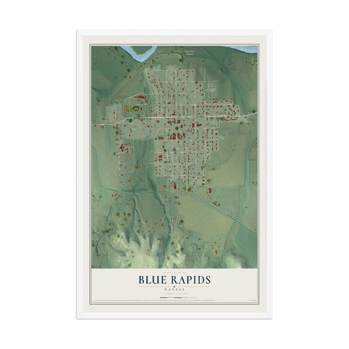 Map of Blue Rapids, Kansas, 12 x 18 inch print in a white wood frame