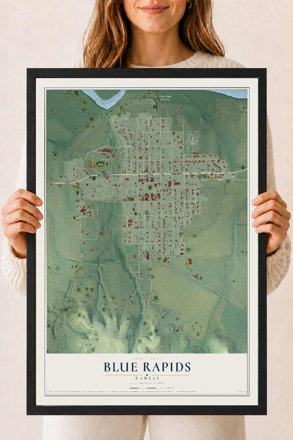 Map of Blue Rapids, Kansas, 18 x 24 inch print in a black wood frame