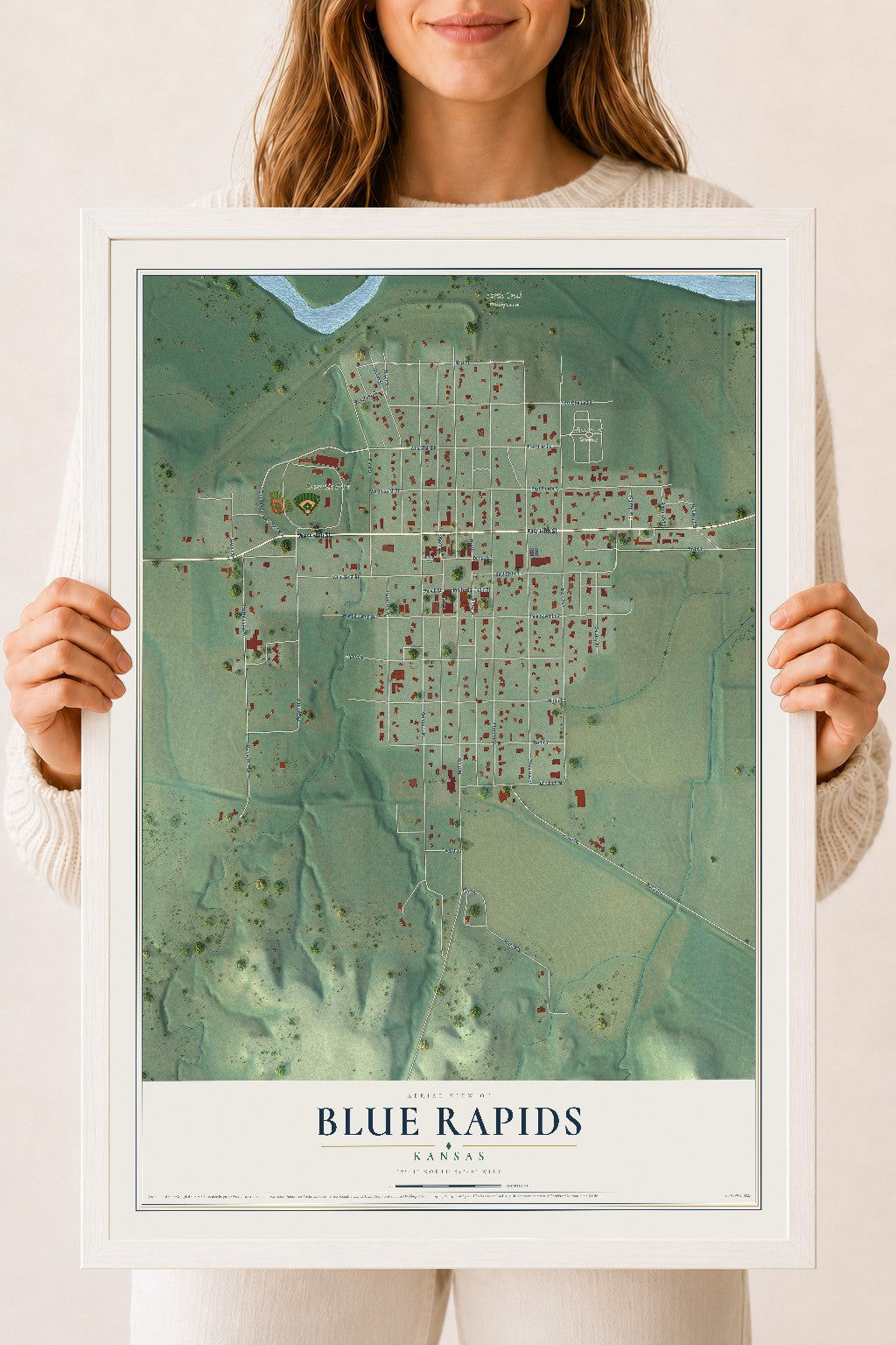 Map of Blue Rapids, Kansas, 18 x 24 inch print in a white wood frame