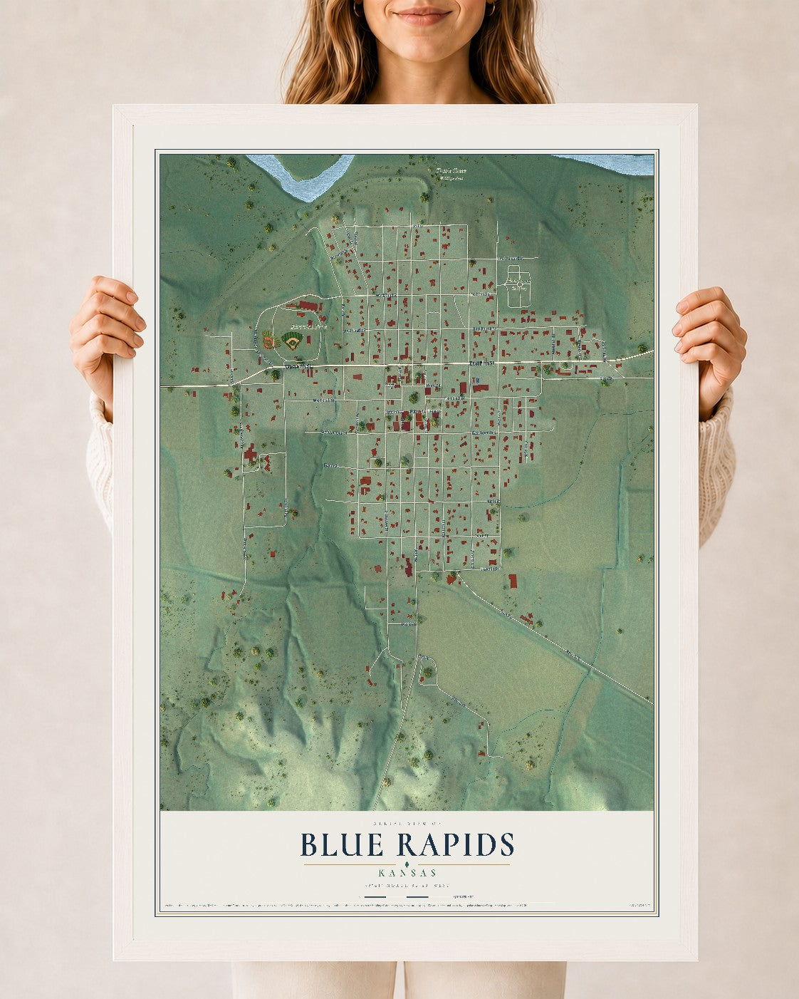 Map of Blue Rapids, Kansas, 24 x 36 inch print in a white wood frame