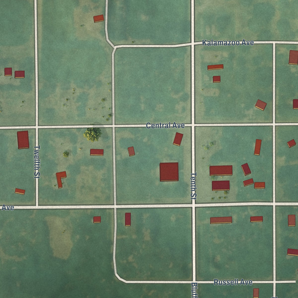 Close-up of the map of Bluff City, Kansas print showing street and building detail