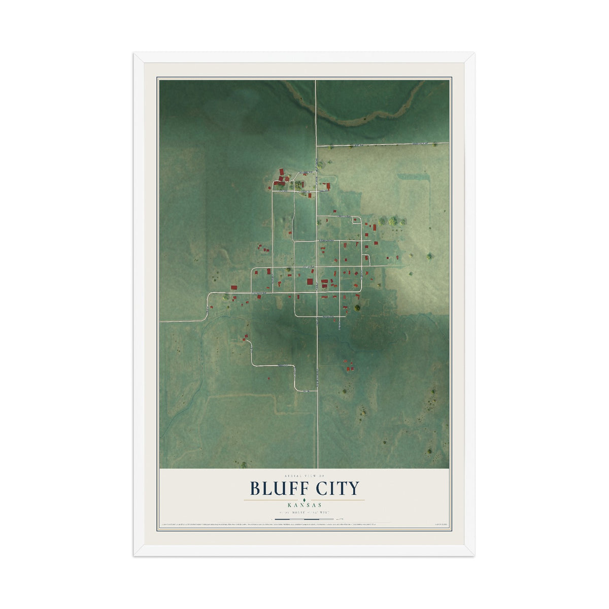 Map of Bluff City, Kansas, 12 x 18 inch print in a white wood frame