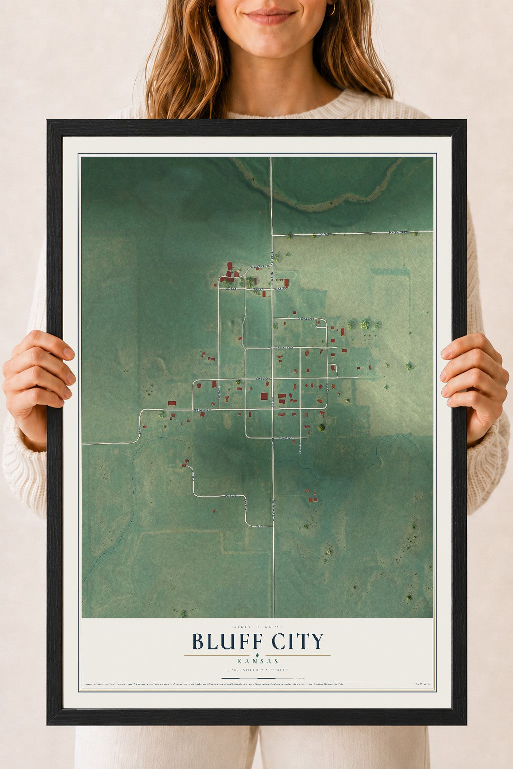 Map of Bluff City, Kansas, 18 x 24 inch print in a black wood frame