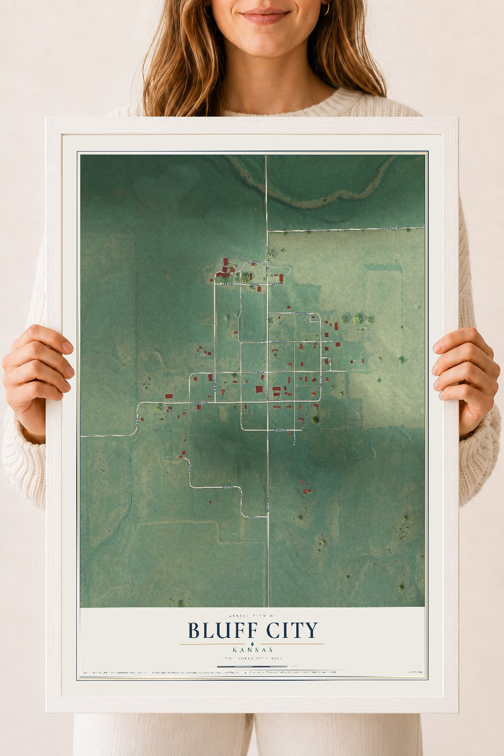 Map of Bluff City, Kansas, 18 x 24 inch print in a white wood frame