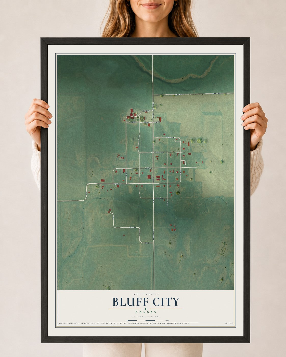 Map of Bluff City, Kansas, 24 x 36 inch print in a black wood frame