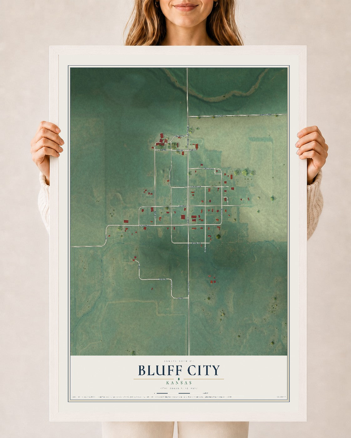 Map of Bluff City, Kansas, 24 x 36 inch print in a white wood frame