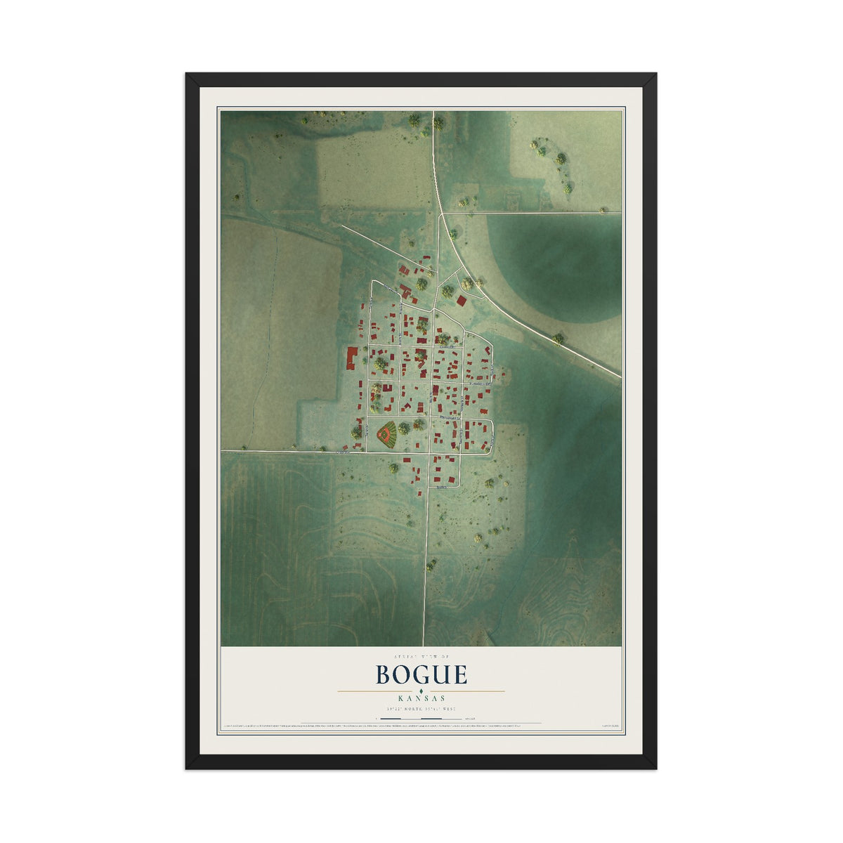 Map of Bogue, Kansas, 12 x 18 inch print in a black wood frame