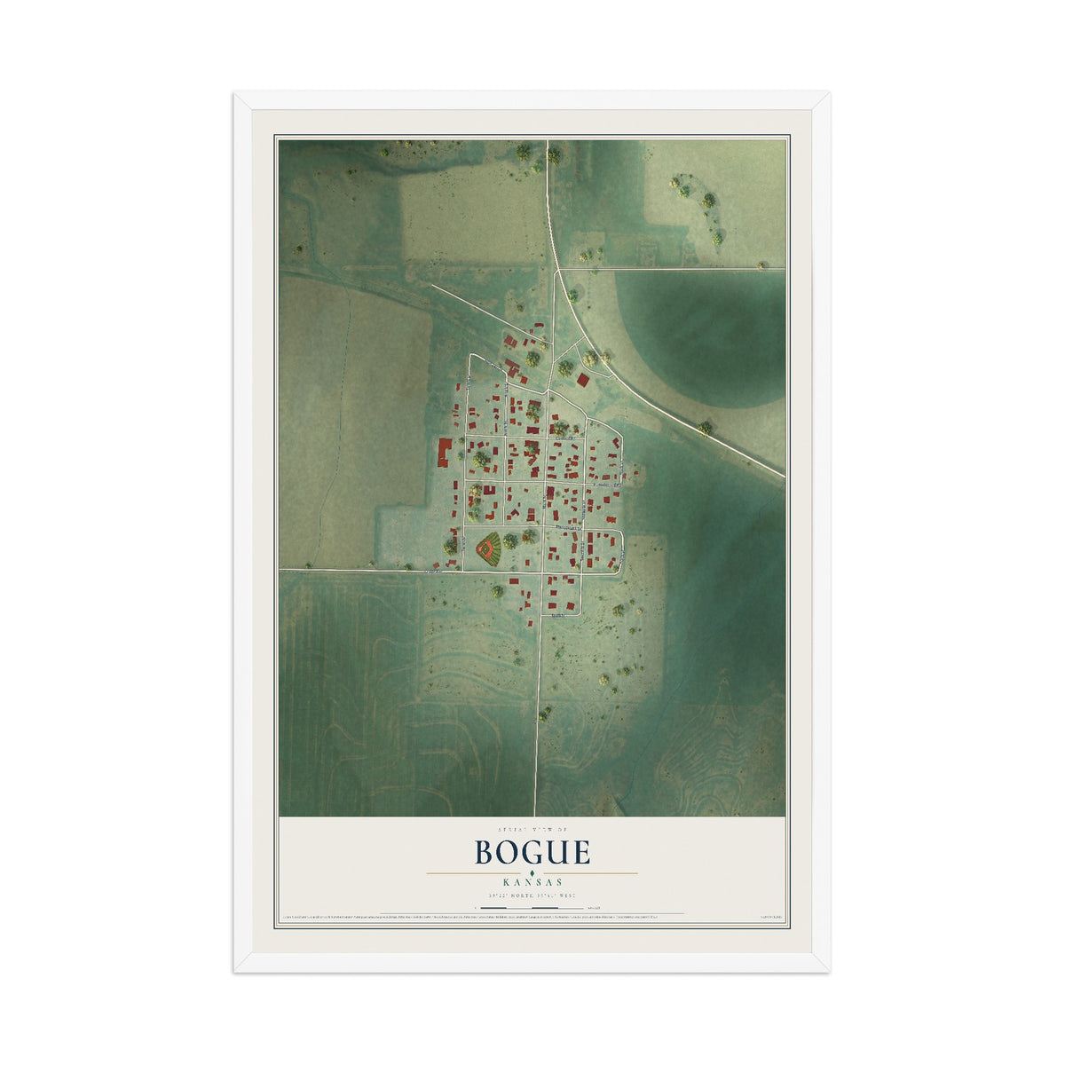 Map of Bogue, Kansas, 12 x 18 inch print in a white wood frame