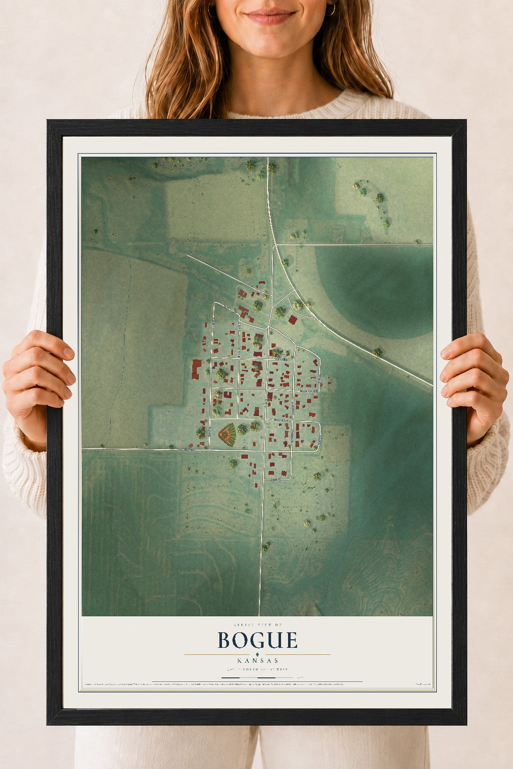 Map of Bogue, Kansas, 18 x 24 inch print in a black wood frame