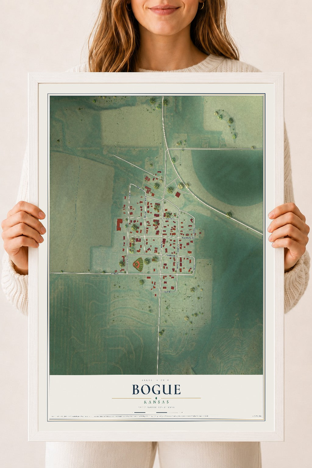 Map of Bogue, Kansas, 18 x 24 inch print in a white wood frame