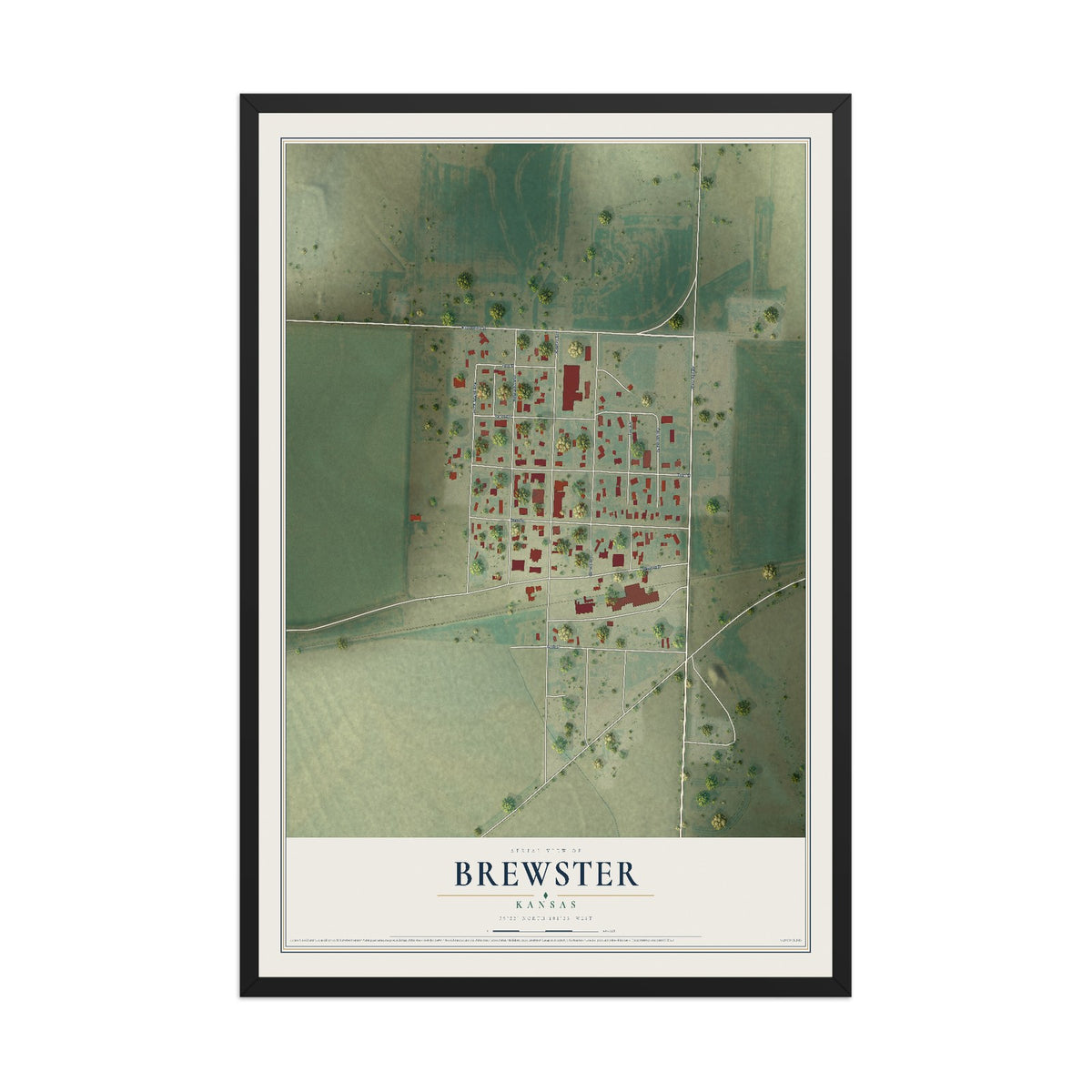 Map of Brewster, Kansas, 12 x 18 inch print in a black wood frame