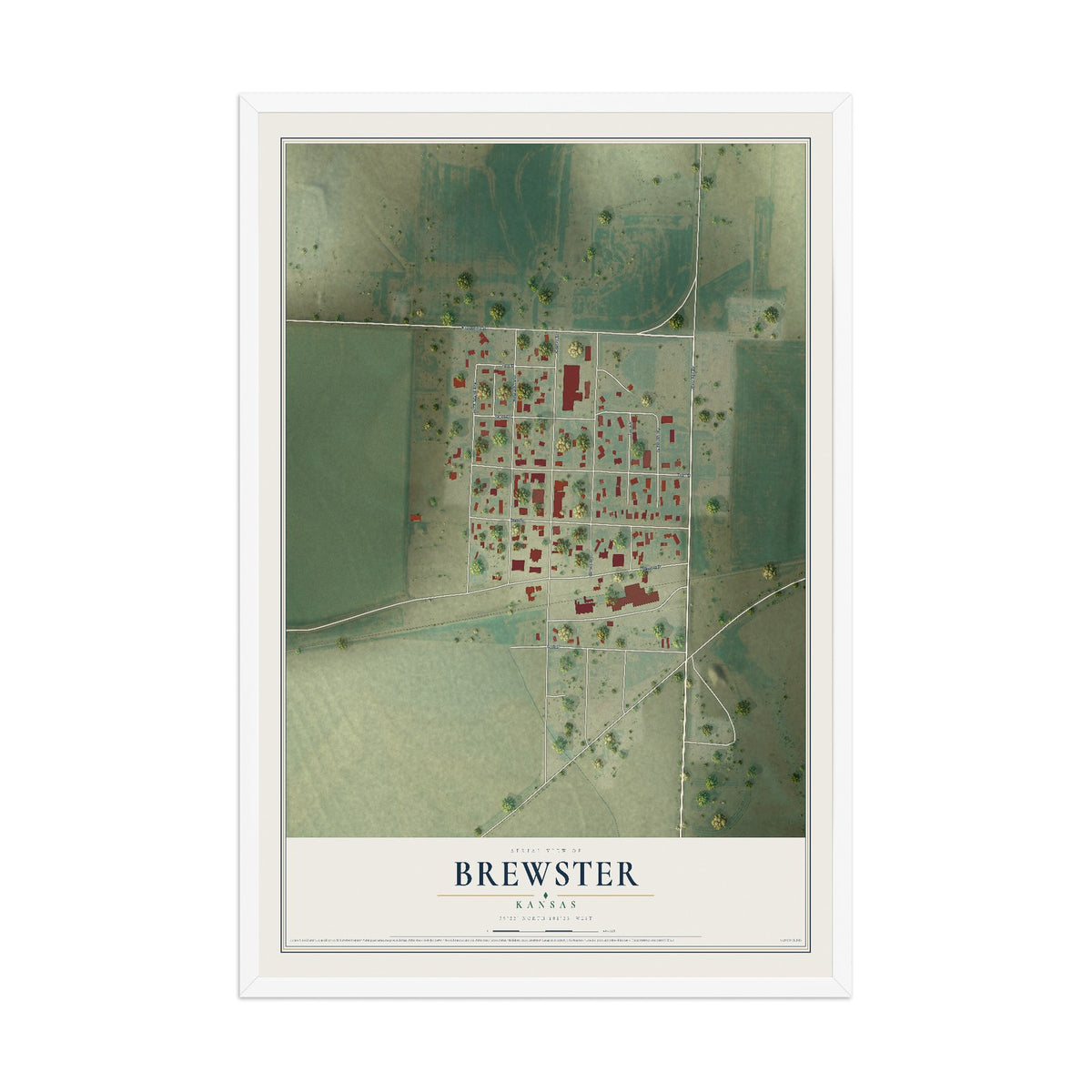 Map of Brewster, Kansas, 12 x 18 inch print in a white wood frame