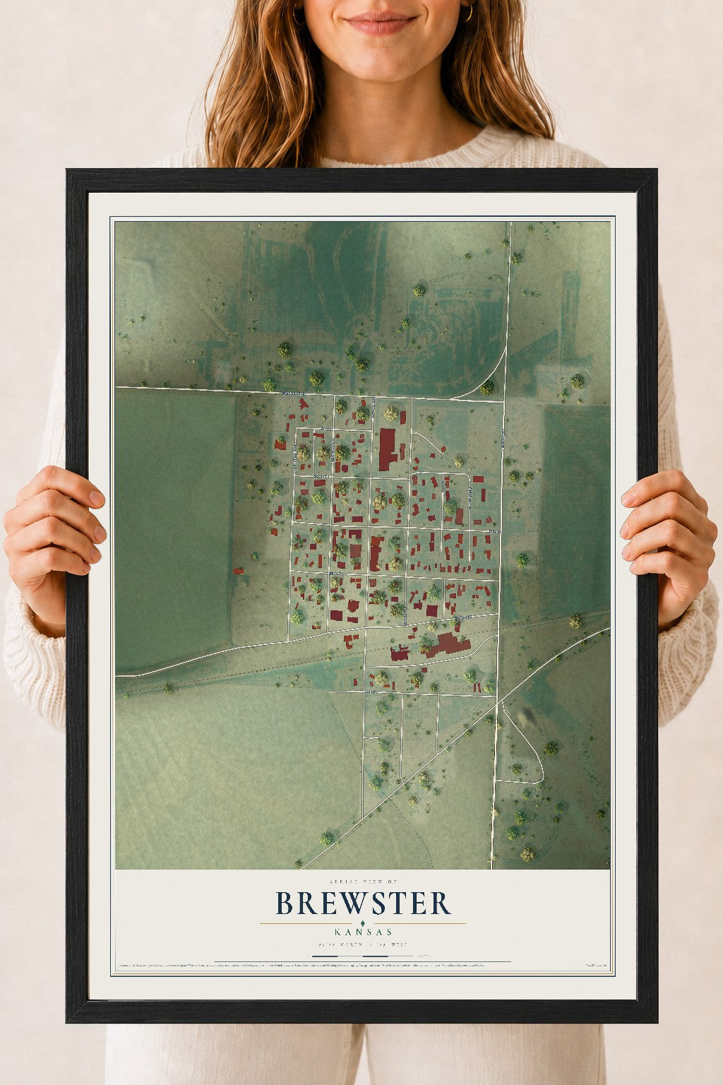 Map of Brewster, Kansas, 18 x 24 inch print in a black wood frame