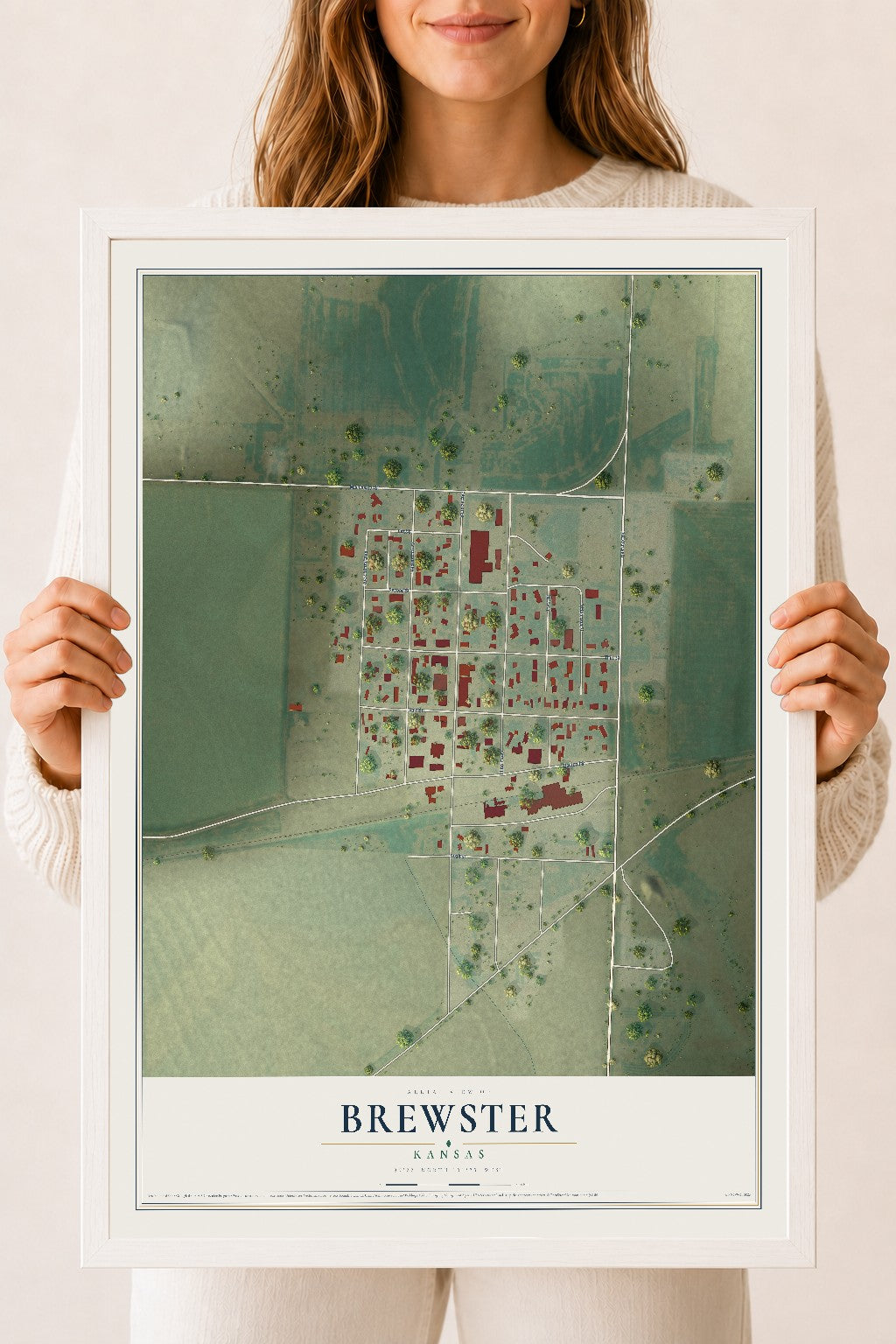Map of Brewster, Kansas, 18 x 24 inch print in a white wood frame