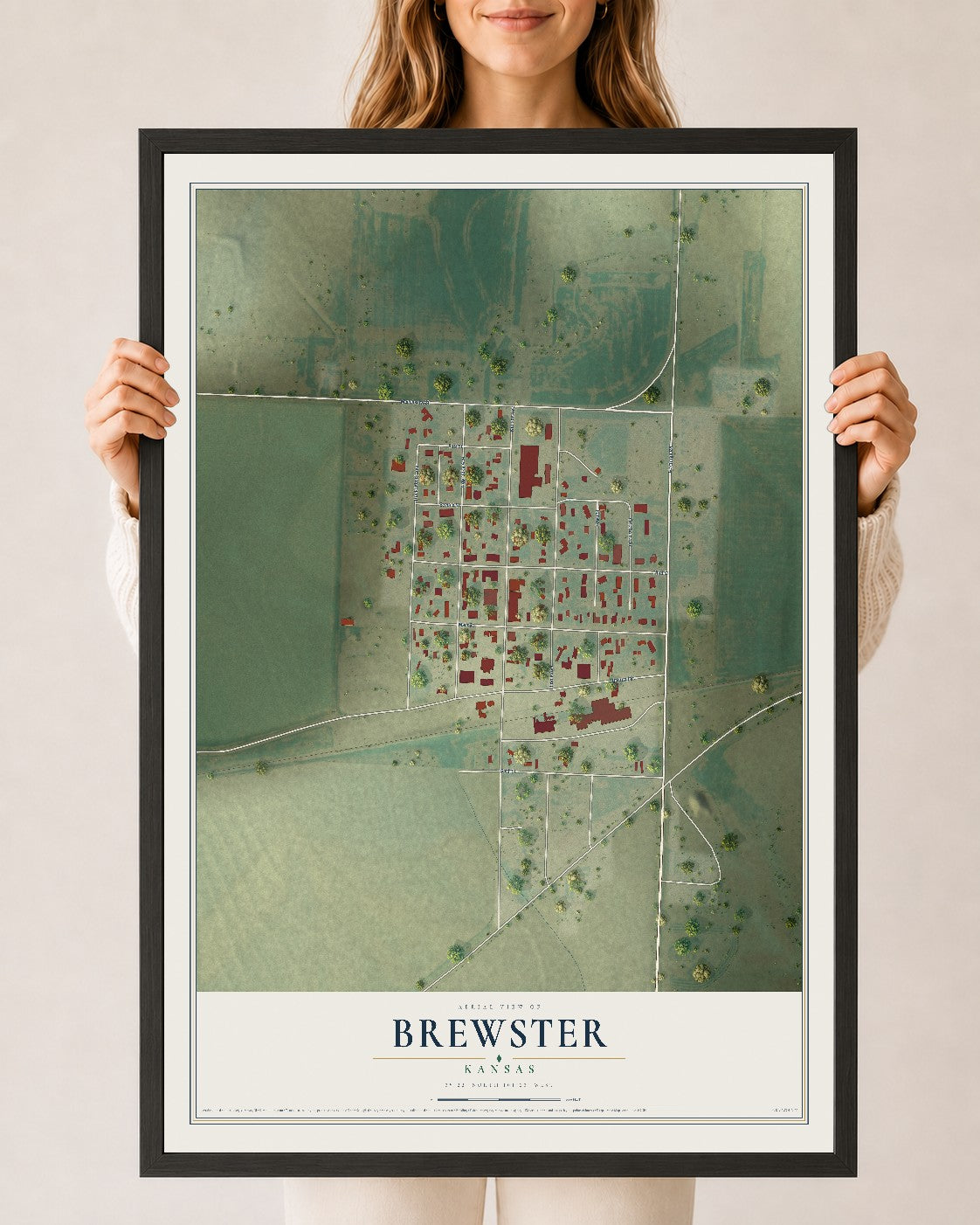 Map of Brewster, Kansas, 24 x 36 inch print in a black wood frame