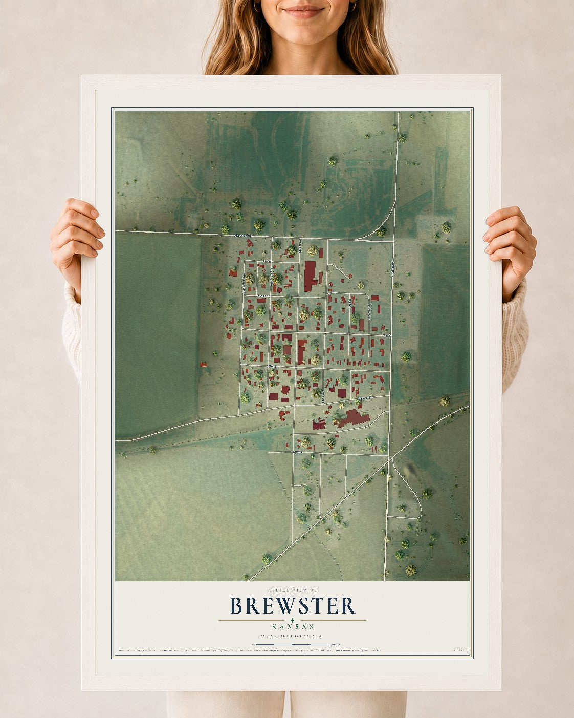 Map of Brewster, Kansas, 24 x 36 inch print in a white wood frame