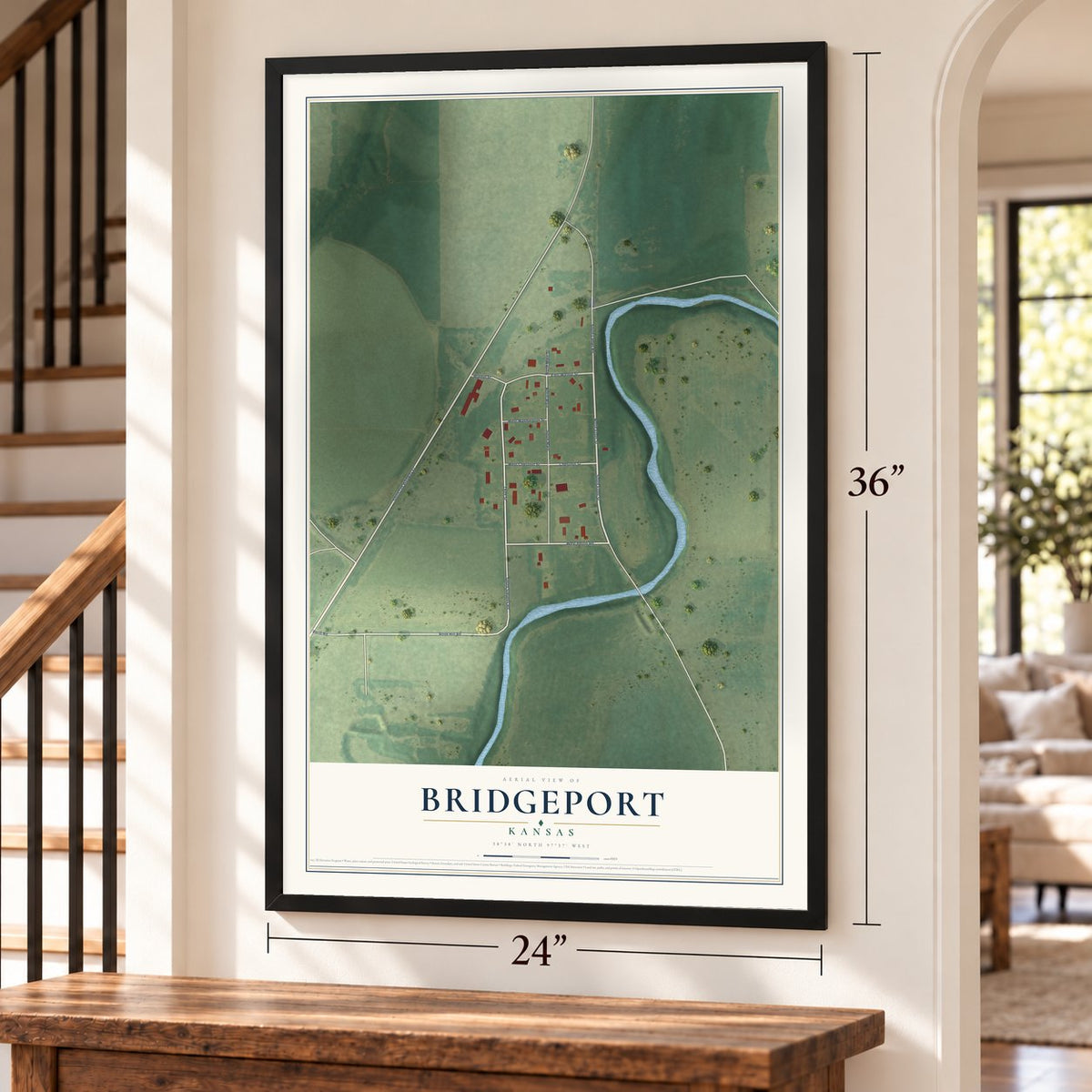 Bridgeport, Kansas map, 24 x 36 inch print in a black frame by a staircase