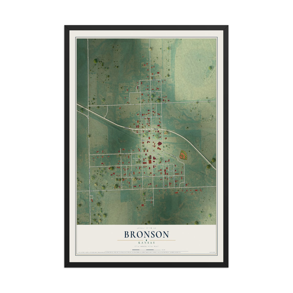 Map of Bronson, Kansas, 12 x 18 inch print in a black wood frame