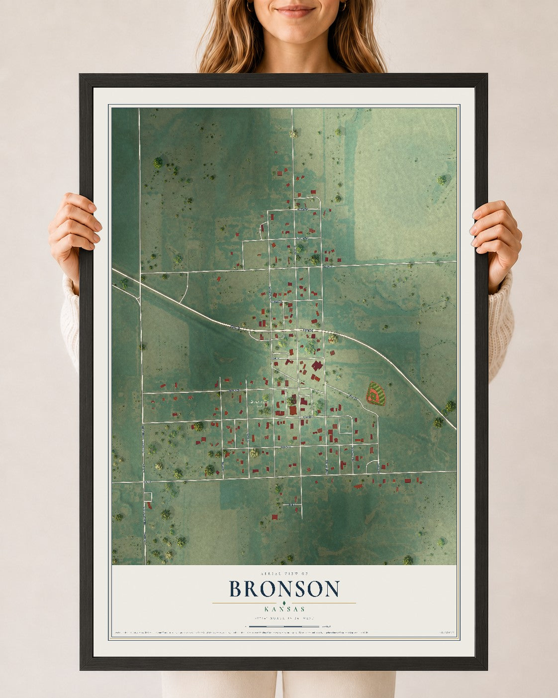 Map of Bronson, Kansas, 24 x 36 inch print in a black wood frame