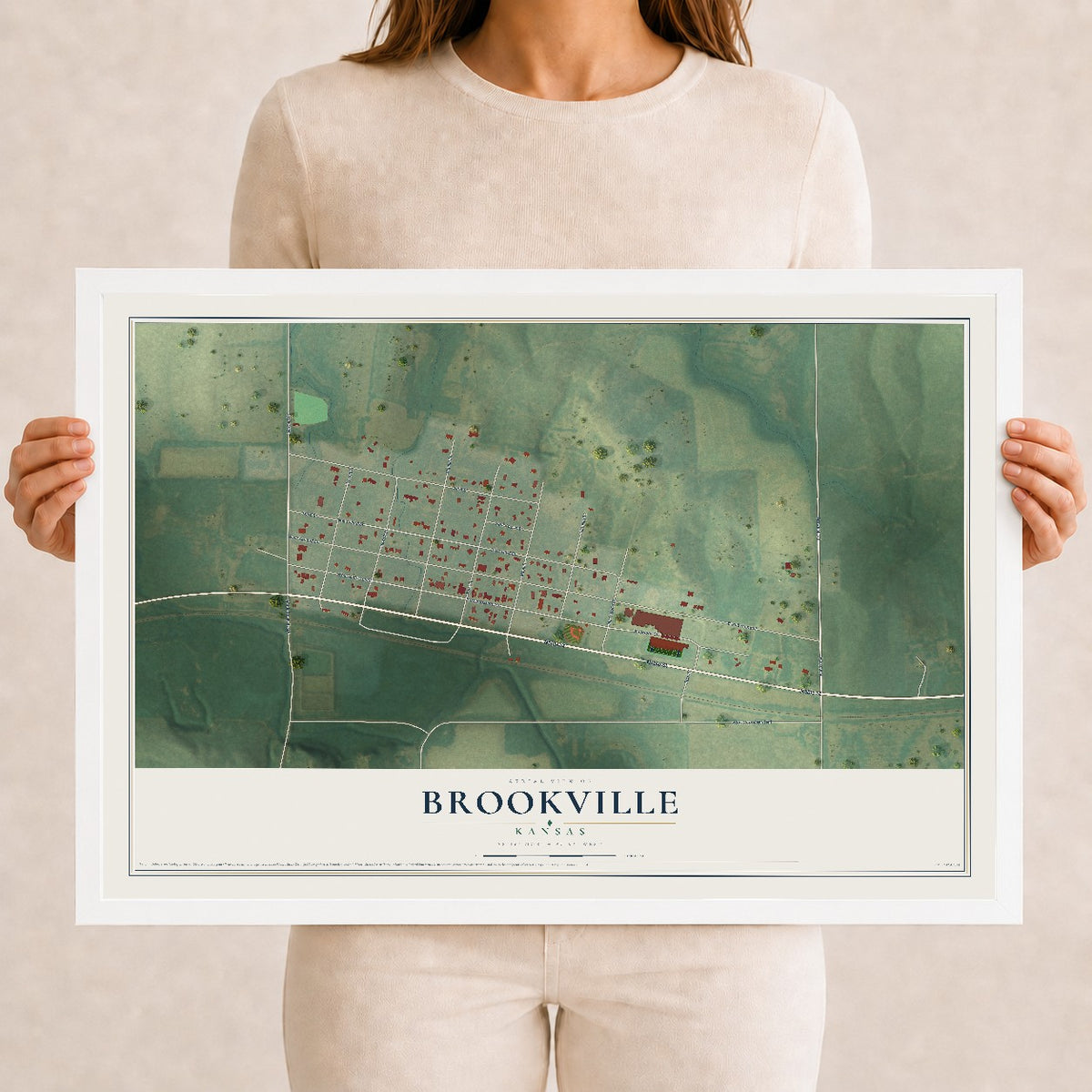 Map of Brookville, Kansas, 12 x 18 inch print in a white wood frame
