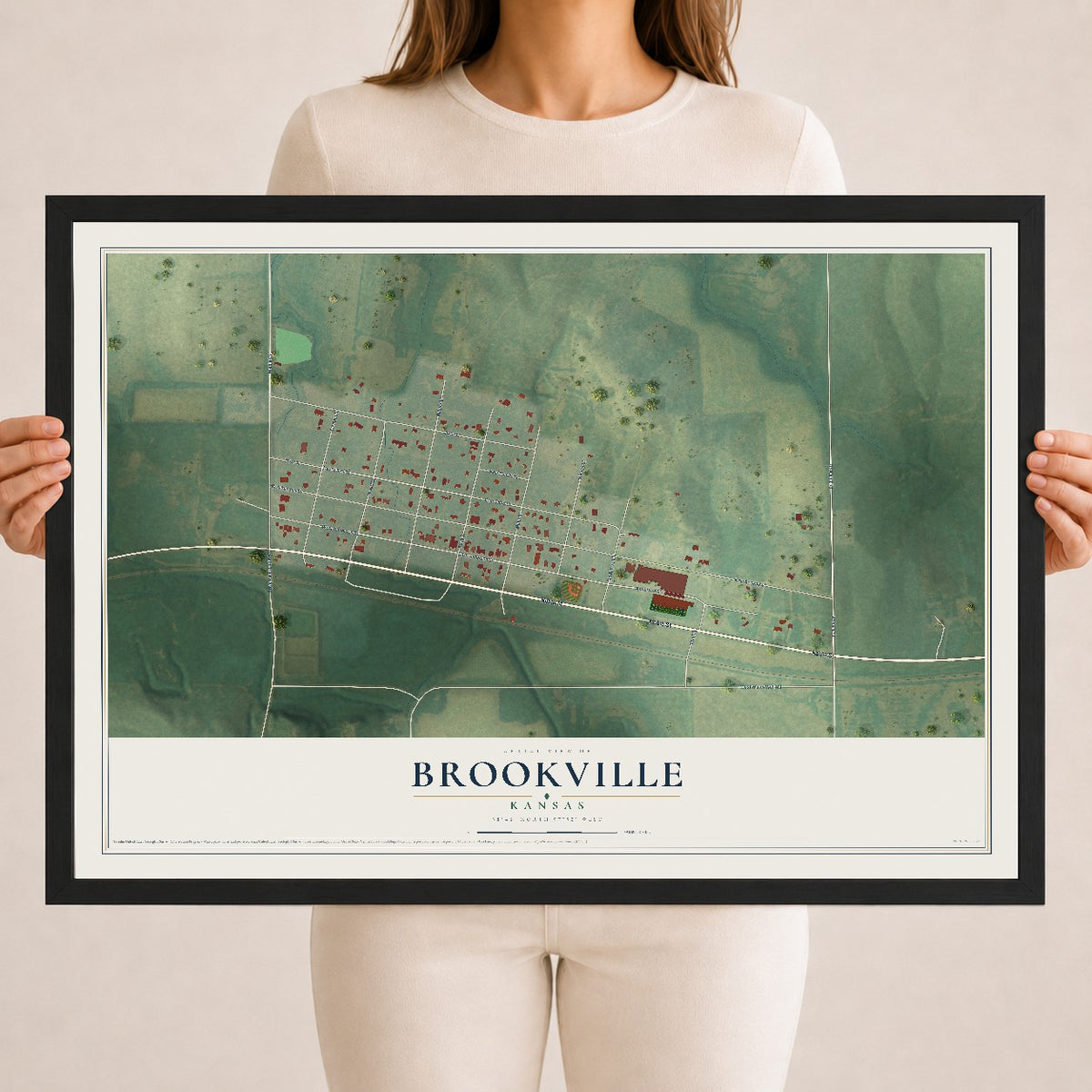Map of Brookville, Kansas, 18 x 24 inch print in a black wood frame