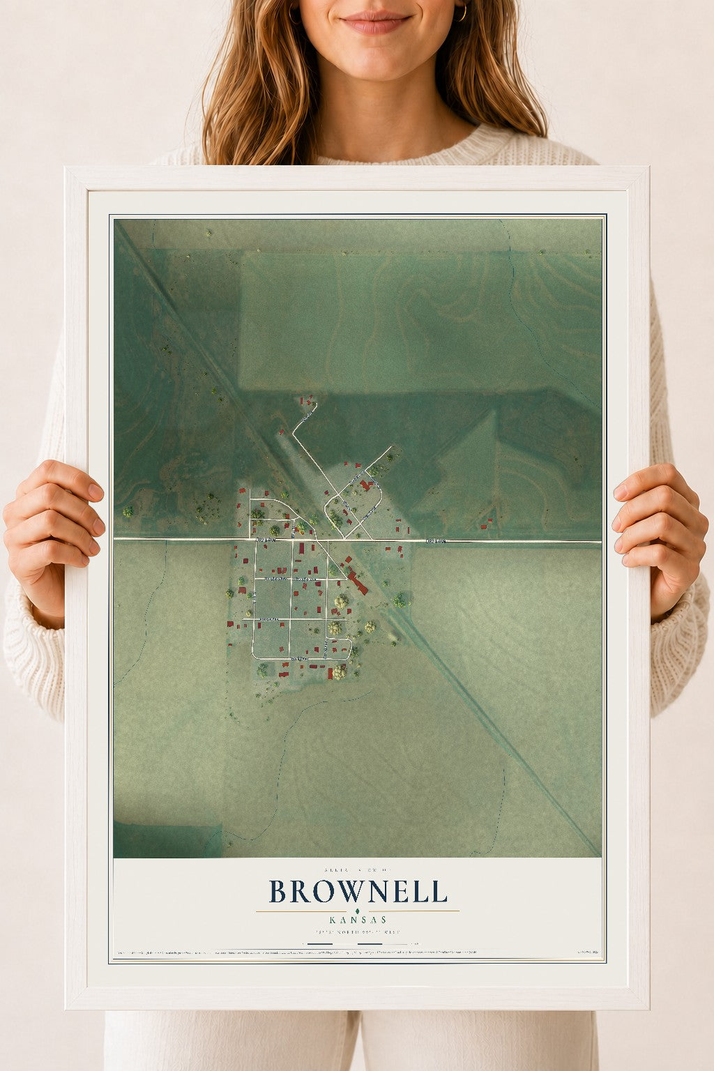 Map of Brownell, Kansas, 18 x 24 inch print in a white wood frame