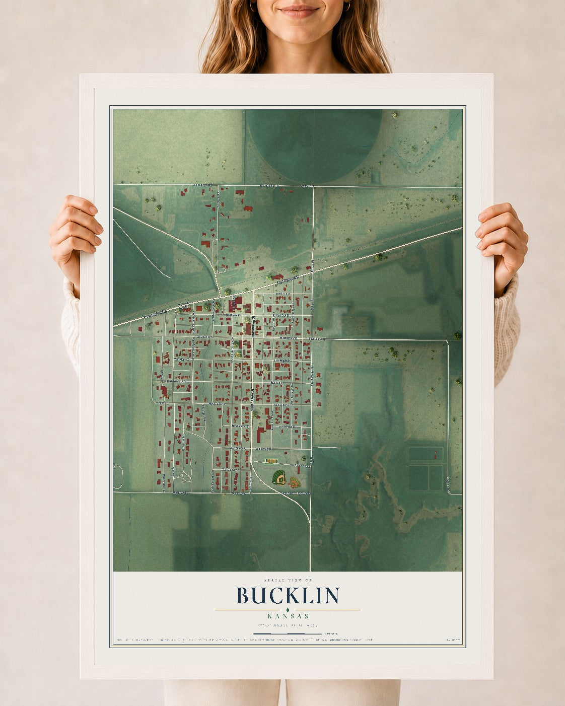 Map of Bucklin, Kansas, 24 x 36 inch print in a white wood frame