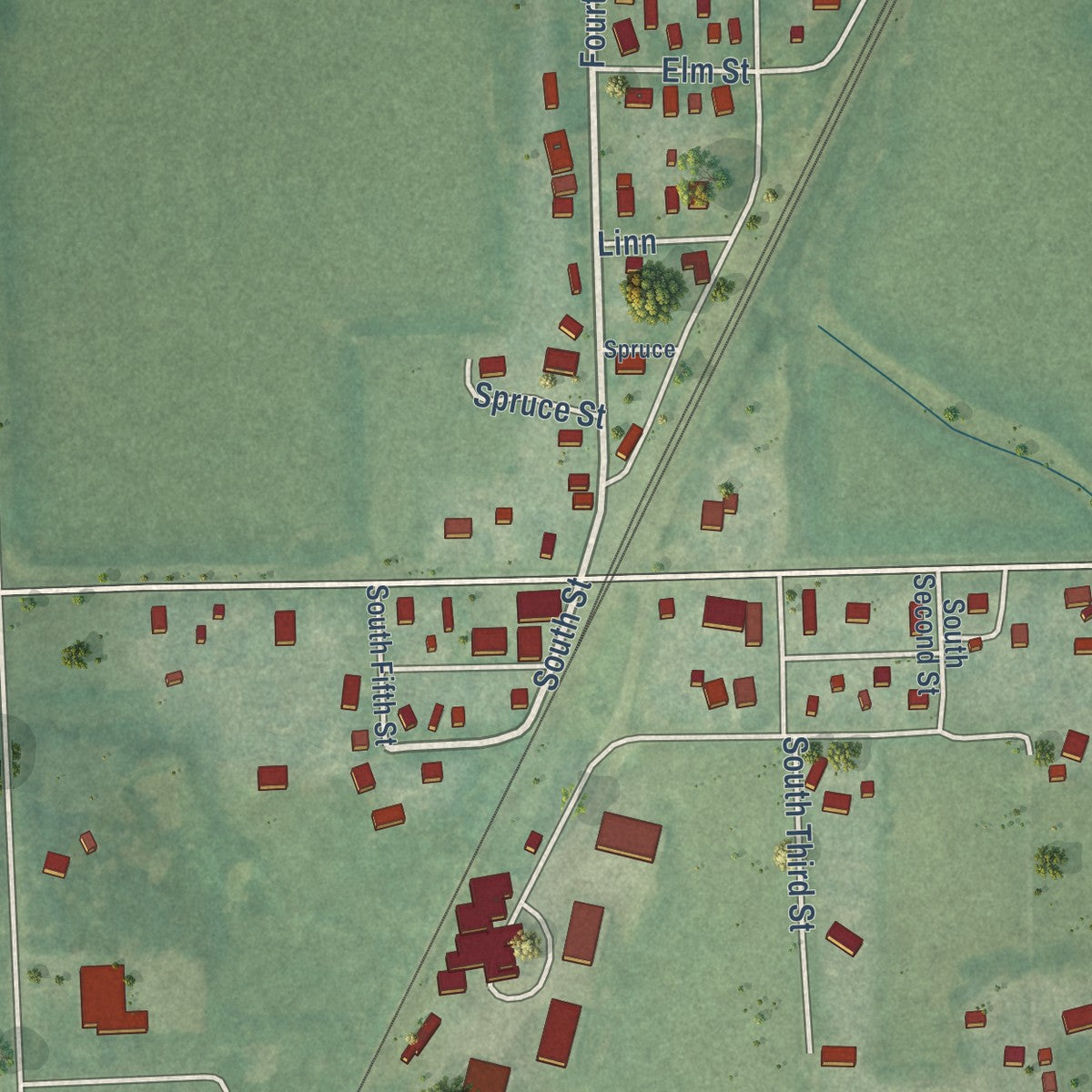 Close-up of the map of Bucyrus, Kansas print showing street and building detail