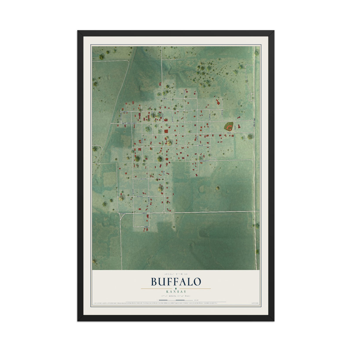 Map of Buffalo, Kansas, 12 x 18 inch print in a black wood frame