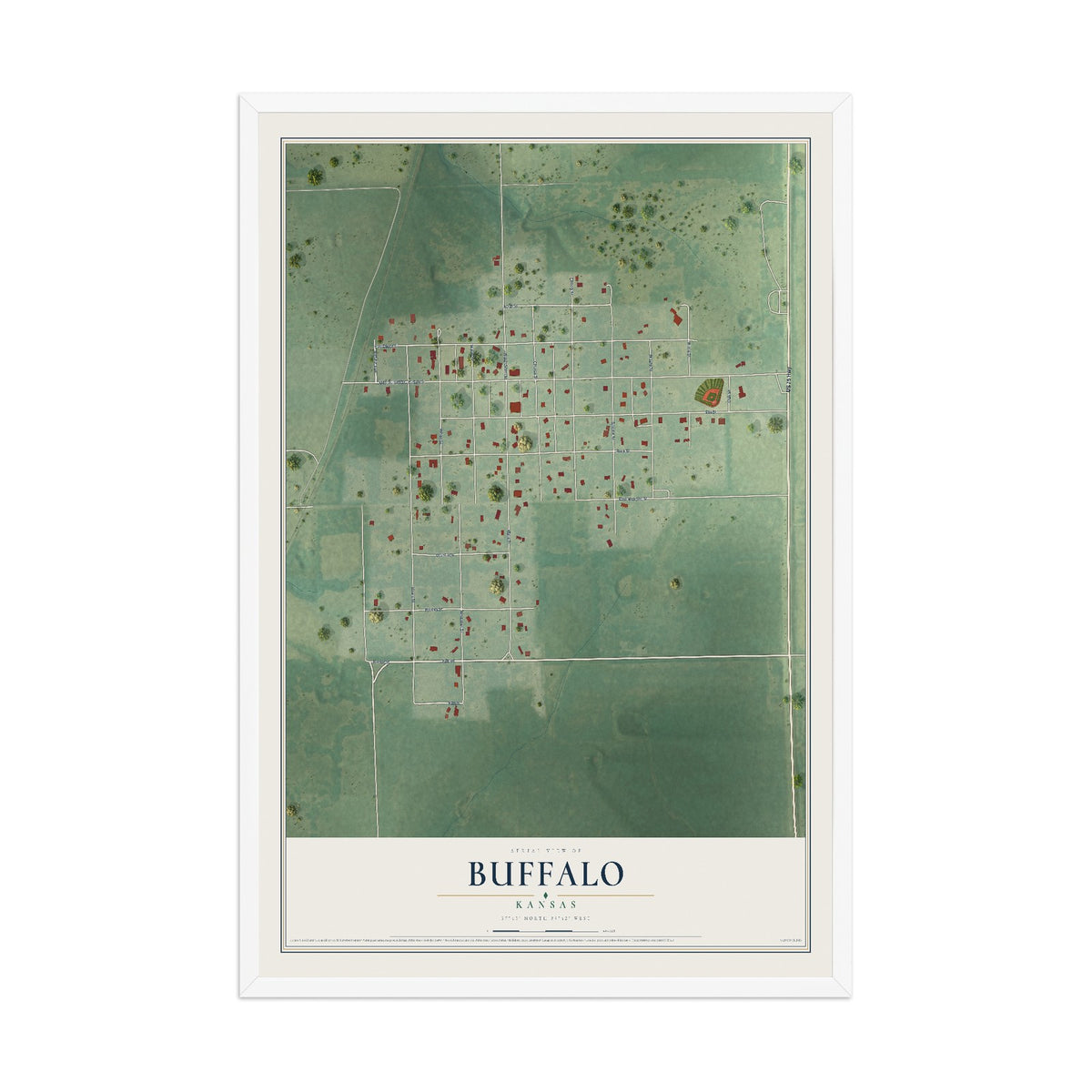 Map of Buffalo, Kansas, 12 x 18 inch print in a white wood frame