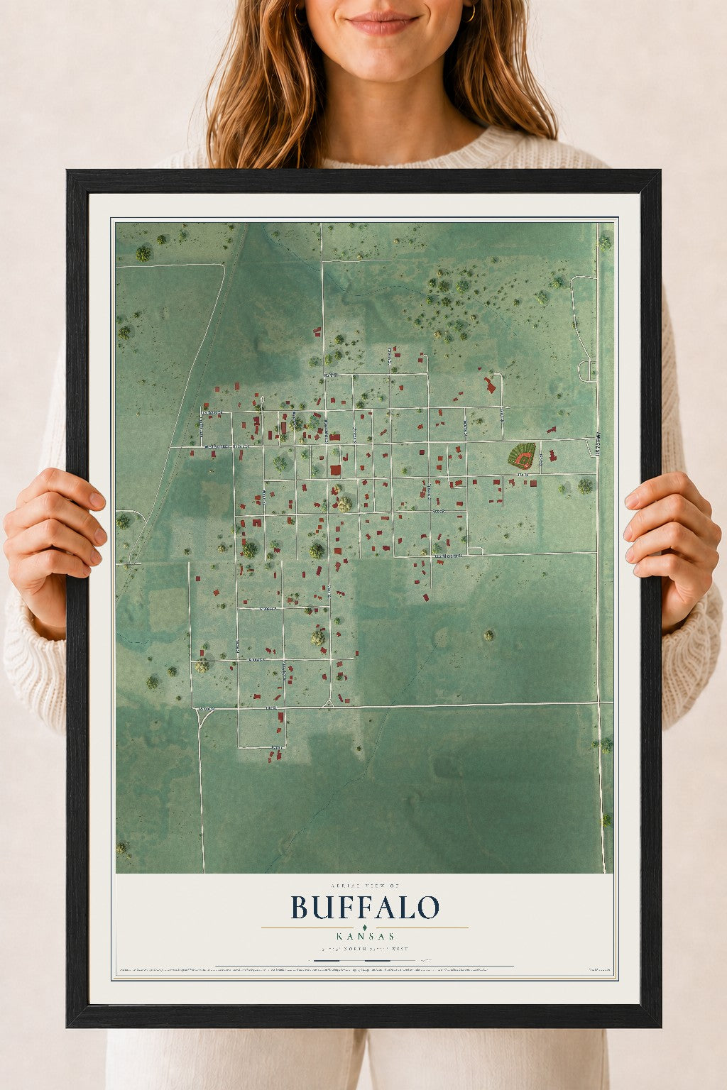 Map of Buffalo, Kansas, 18 x 24 inch print in a black wood frame