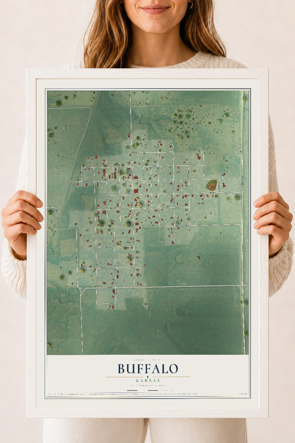 Map of Buffalo, Kansas, 18 x 24 inch print in a white wood frame