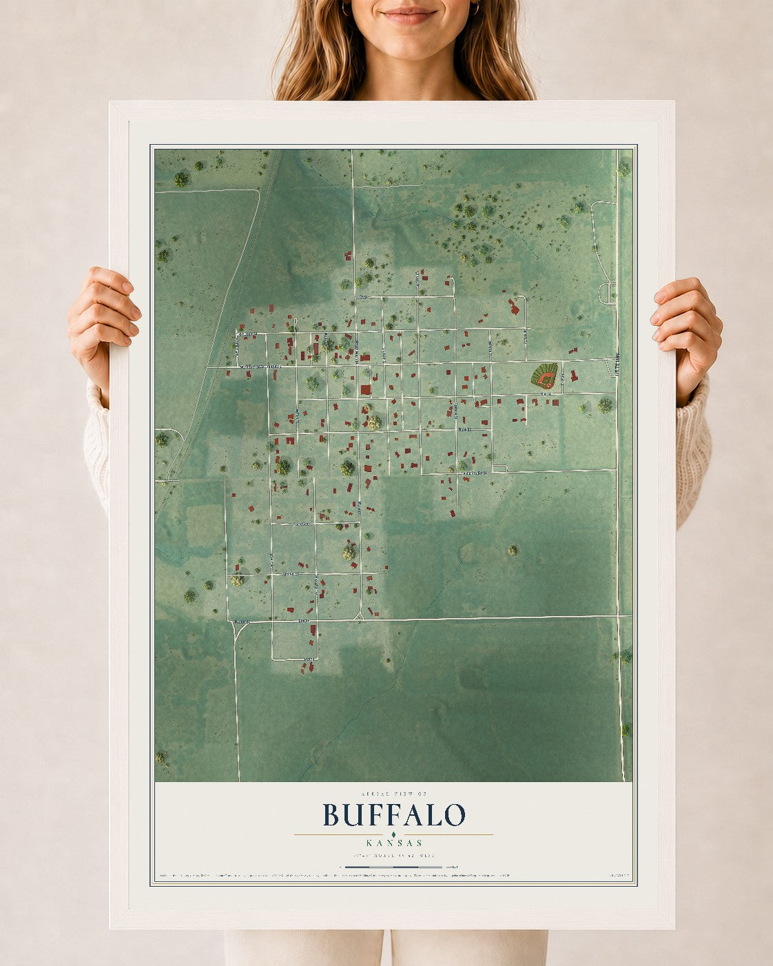 Map of Buffalo, Kansas, 24 x 36 inch print in a white wood frame