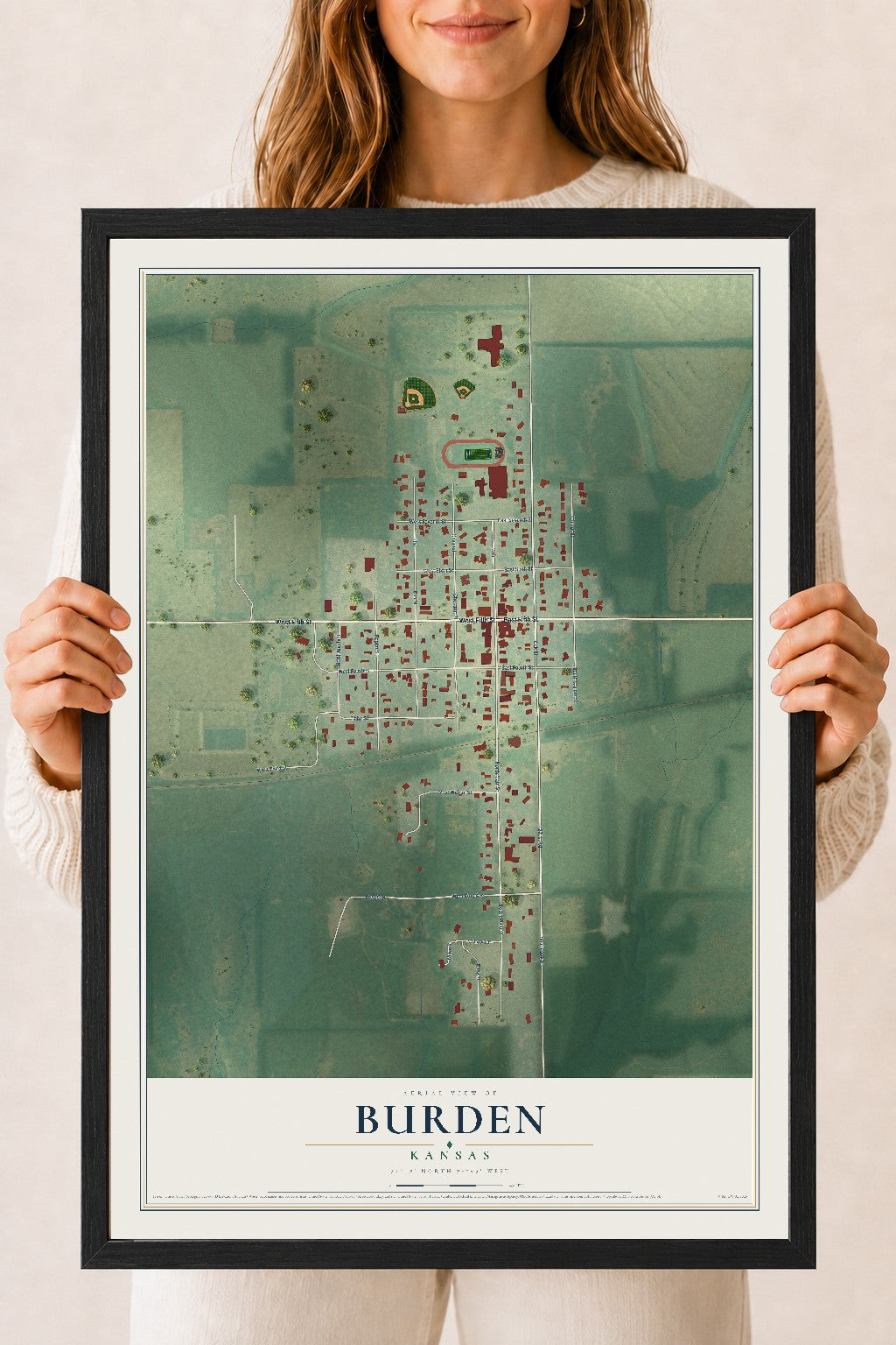 Map of Burden, Kansas, 18 x 24 inch print in a black wood frame