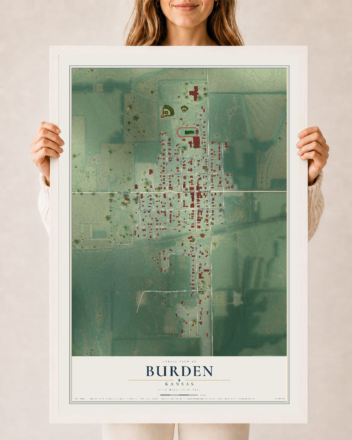 Map of Burden, Kansas, 24 x 36 inch print in a white wood frame