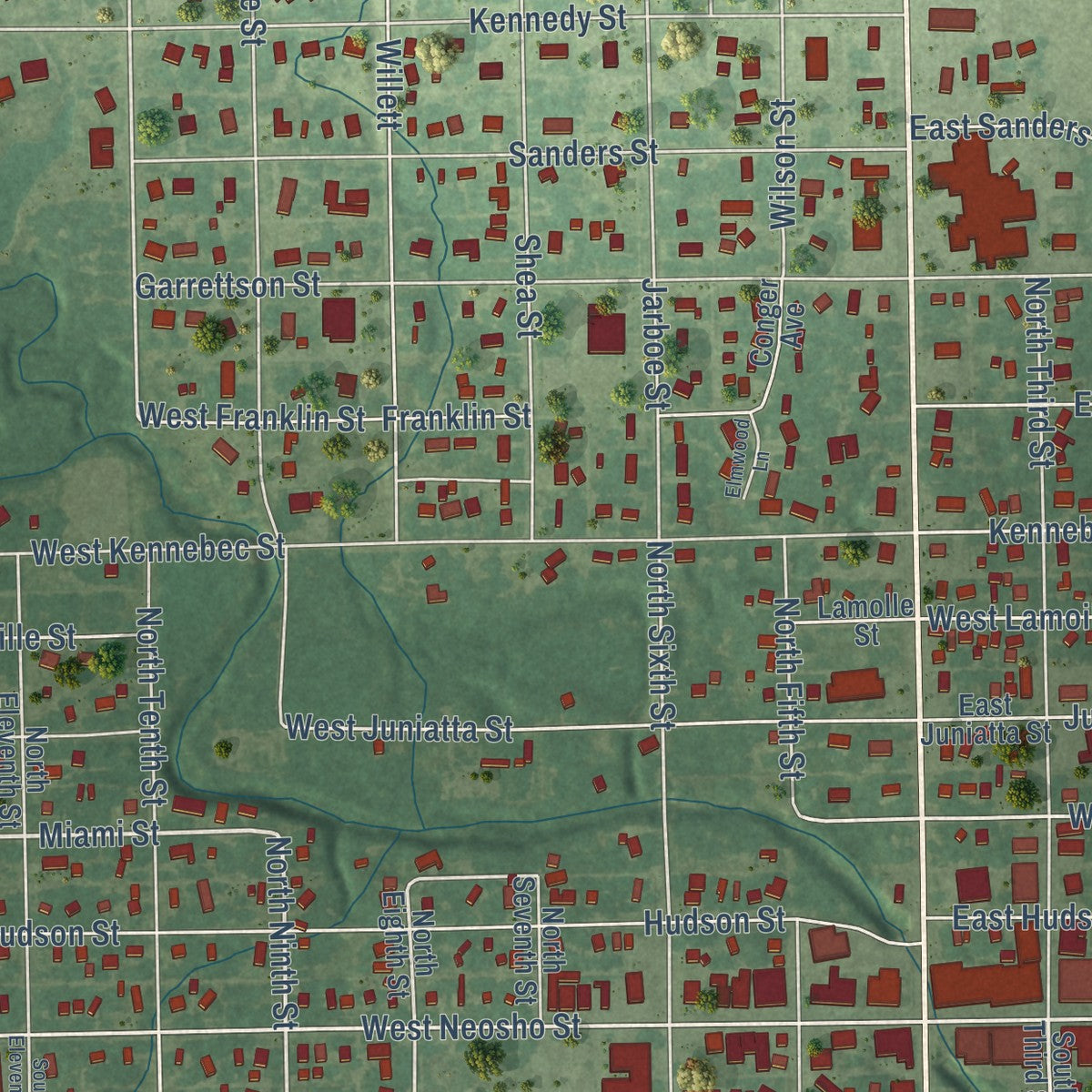 Close-up of the map of Burlington, Kansas print showing street and building detail