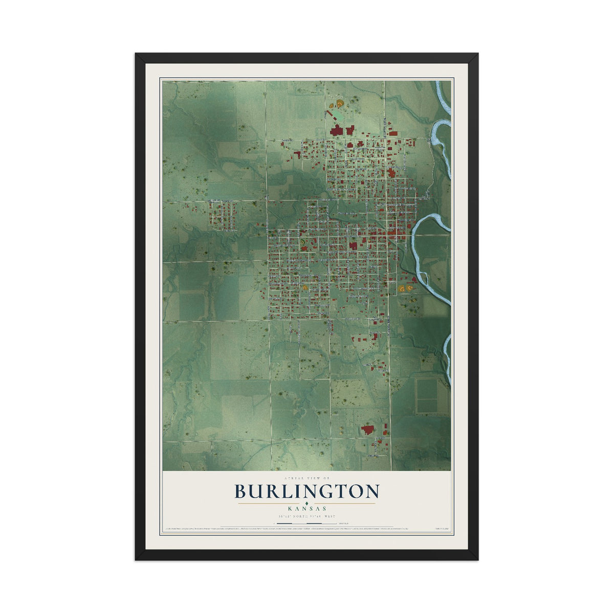 Map of Burlington, Kansas, 12 x 18 inch print in a black wood frame
