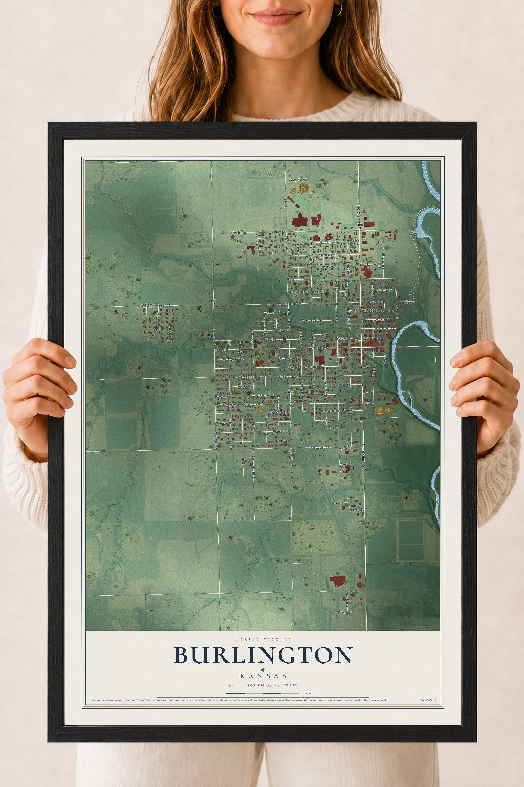 Map of Burlington, Kansas, 18 x 24 inch print in a black wood frame