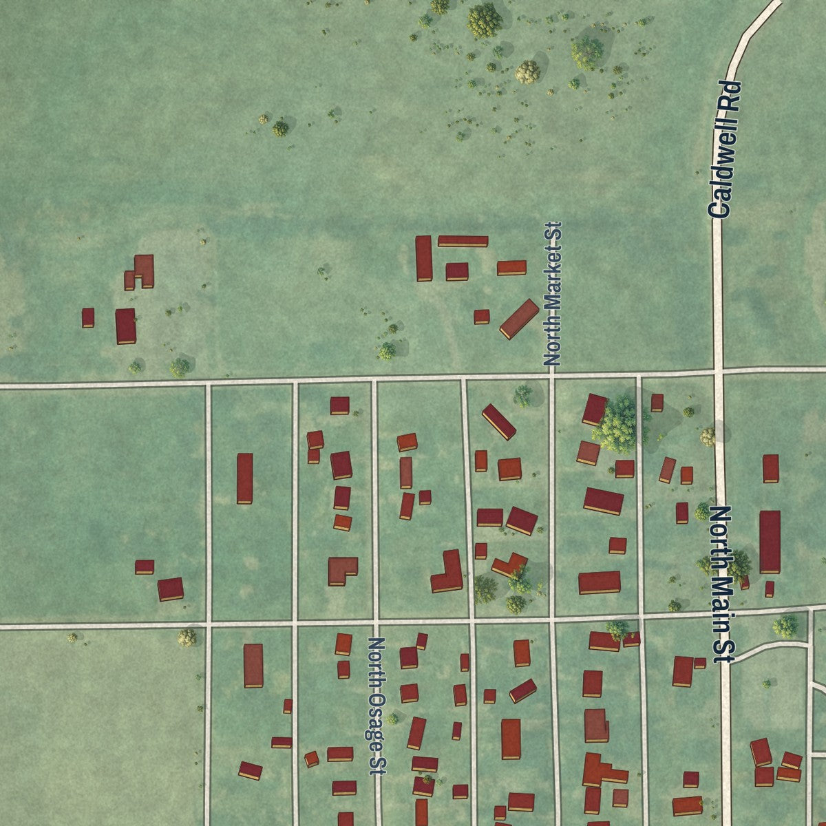 Second close-up of the map of Caldwell, Kansas print showing more streets and buildings