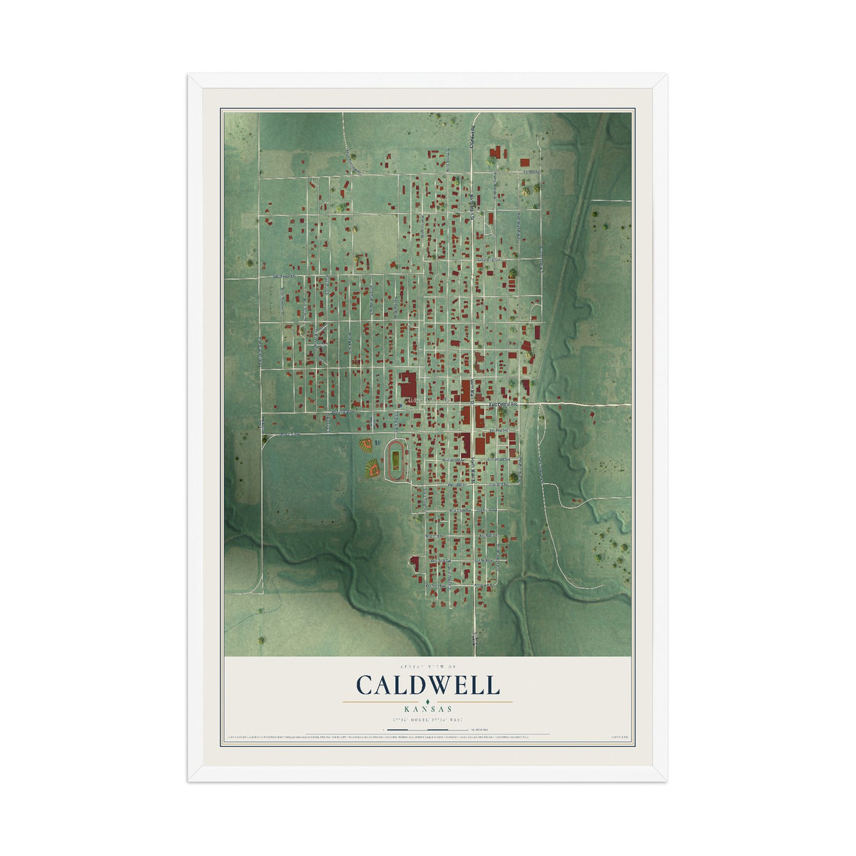 Map of Caldwell, Kansas, 12 x 18 inch print in a white wood frame