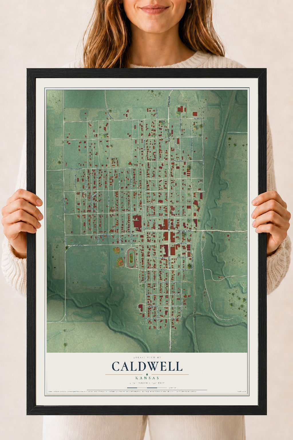 Map of Caldwell, Kansas, 18 x 24 inch print in a black wood frame