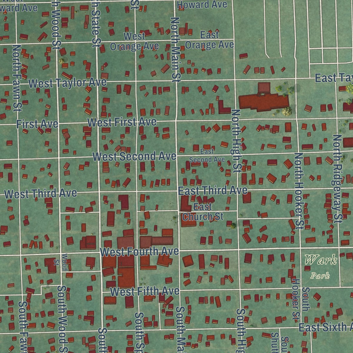 Close-up of the map of Caney, Kansas print showing street and building detail